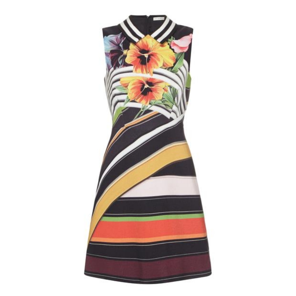 Mary Katrantzou Designer Silk Dress With Stripes and Flowers